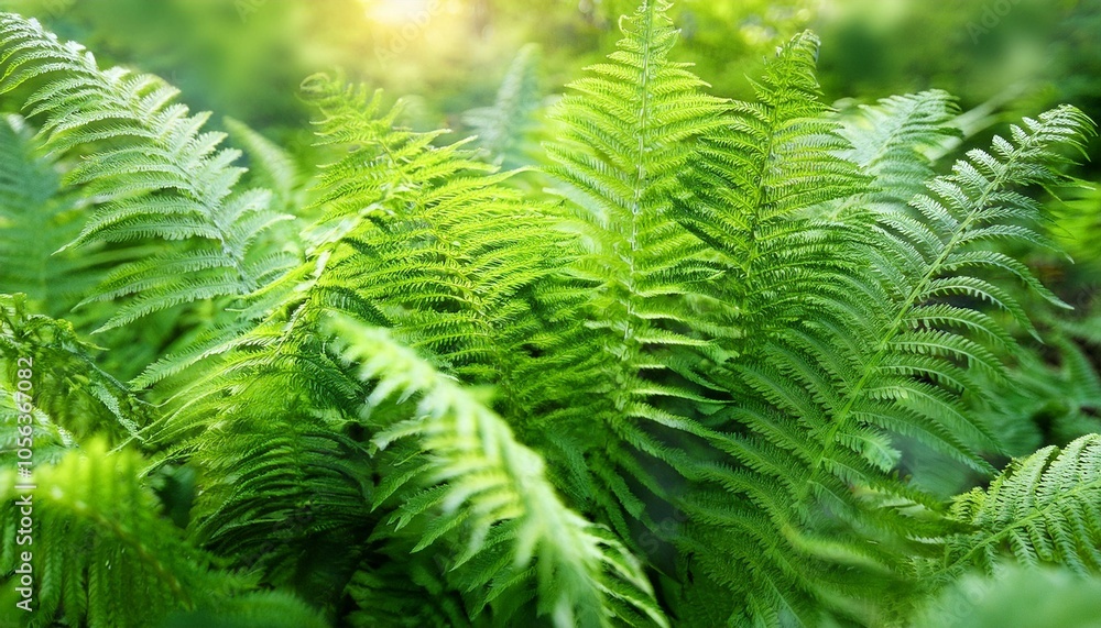 Lush green ferns in sunlight