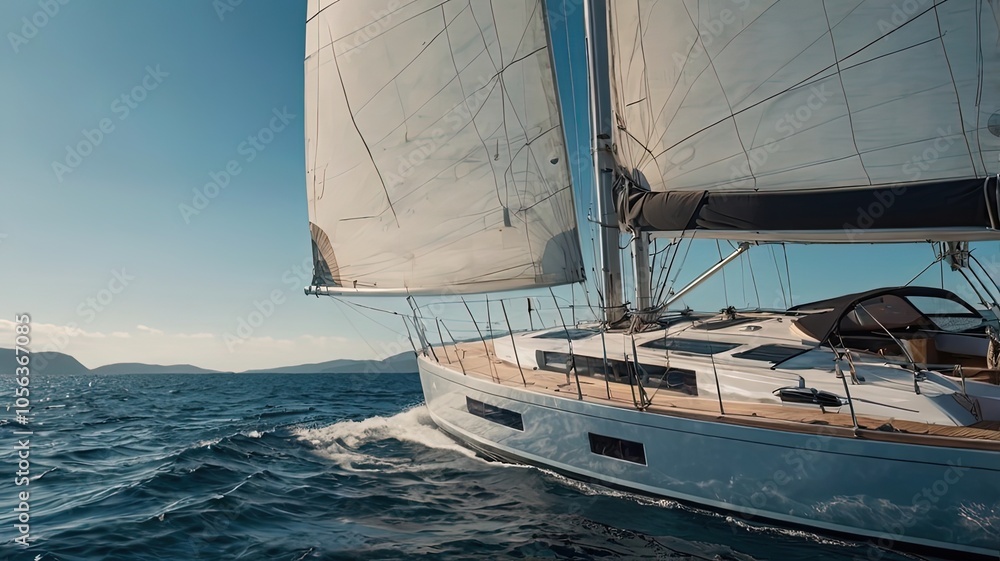 A sailing yacht gliding across calm waters under a clear sky. A sailing yacht gliding across calm waters under a clear sky.