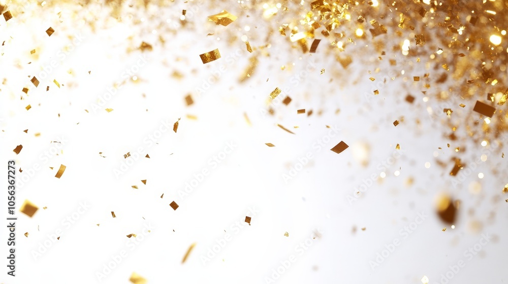 Clean white backdrop showcasing a burst of gold fireworks, vibrant confetti, and holiday paper accents Clean white backdrop showcasing a burst of gold fireworks, vibrant confetti, and holiday paper accents