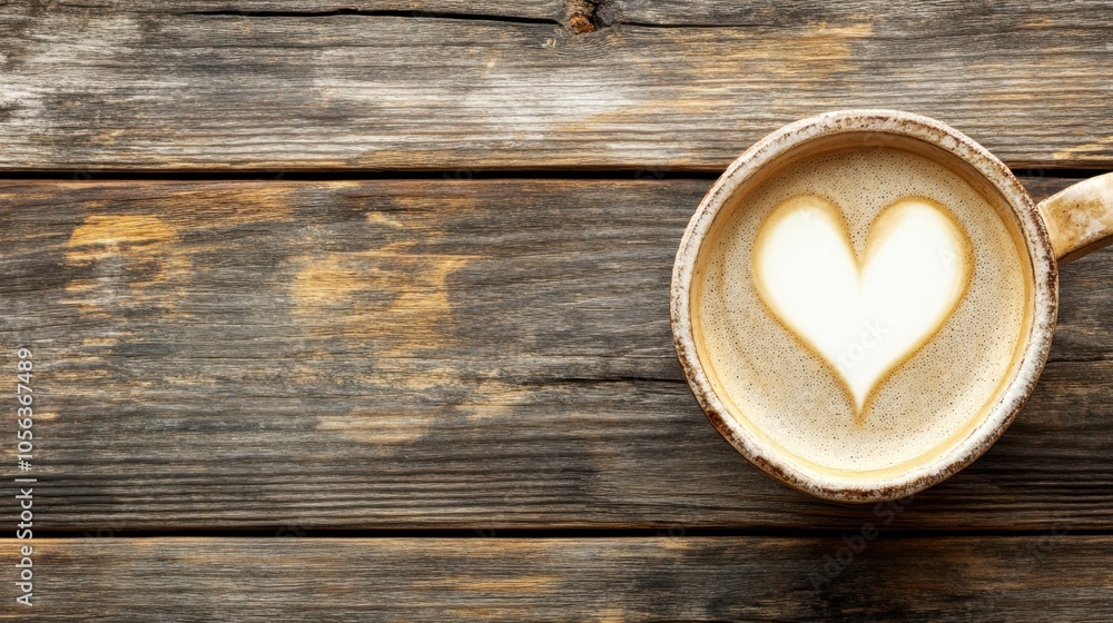 Heart-Shaped Latte Art on Rustic Wooden Table Heart-Shaped Latte Art on Rustic Wooden Table