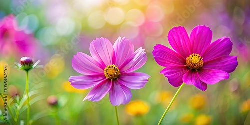 Two vibrant cosmos flowers in focus against a blurred garden background, Cosmos, flowers, garden, nature, vibrant, colorful