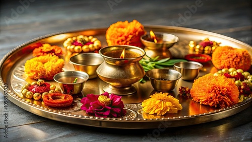 Brass puja thali with flower decorations, perfect for religious ceremonies and rituals, brass, puja thali photo