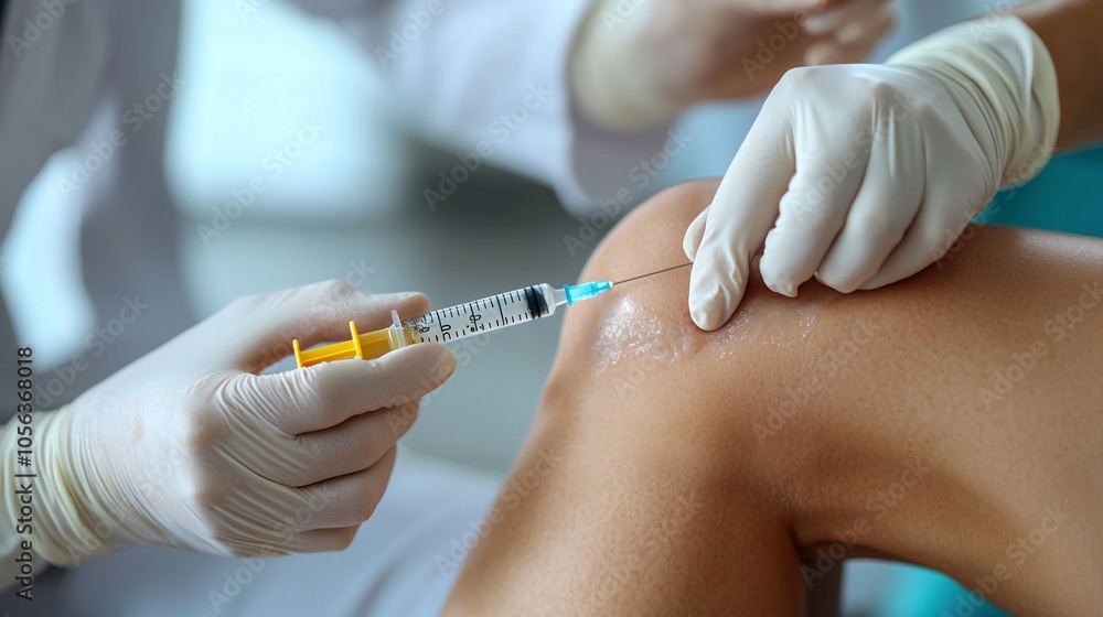 Close up image of a medical professional s hand wearing latex gloves administering a vaccine shot or injection into a patient s arm for disease prevention and healthcare treatment Close up image of a medical professional s hand wearing latex gloves administering a vaccine shot or injection into a patient s arm for disease prevention and healthcare treatment