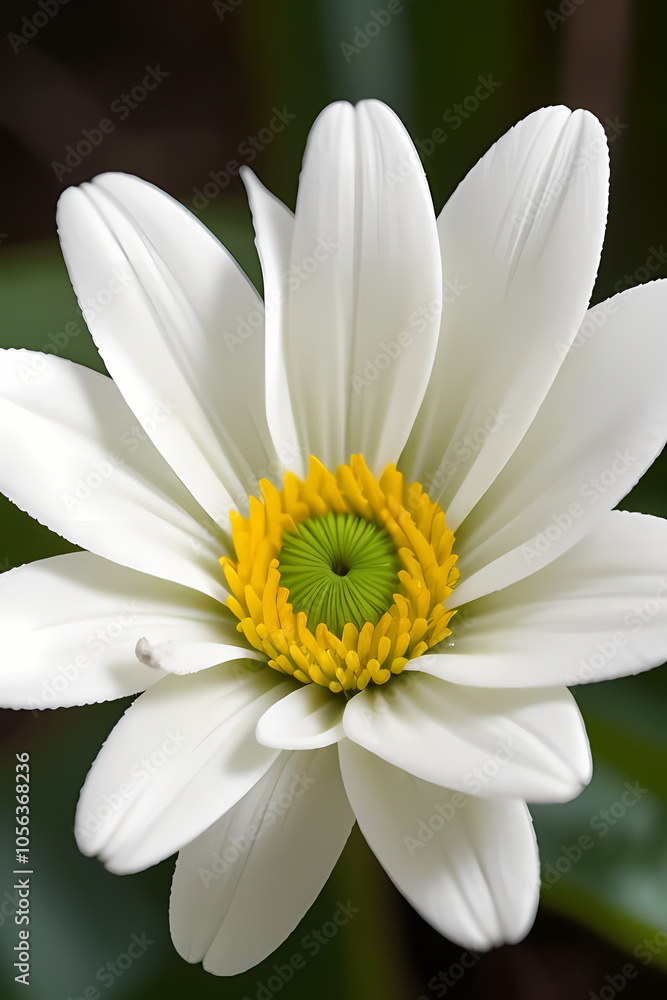Obraz premium High resolution close up image of a white flower in a green forest. Focus on the details of the white flower including its texture flower finish and any safety features. Soft forest background
