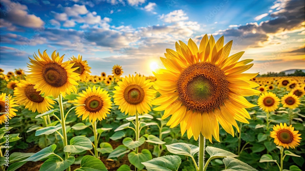Obraz premium Beautiful sunflowers blooming in a natural field setting, sunflowers, bloom, field, yellow, petals, nature, beauty, vibrant