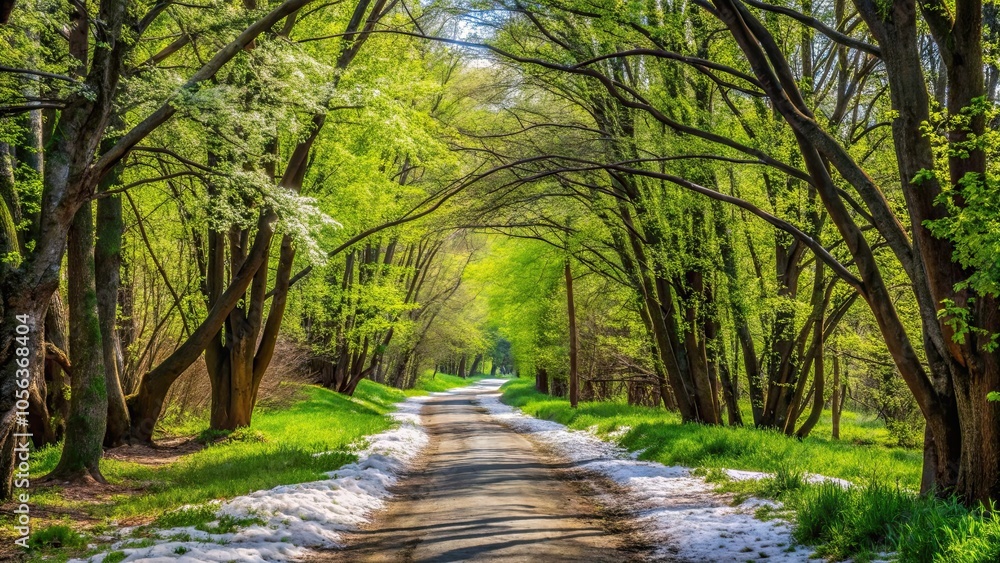 Fototapeta premium Spring forest path with remnants of snow, lush greenery, and budding trees , nature, landscape, forest, spring, path