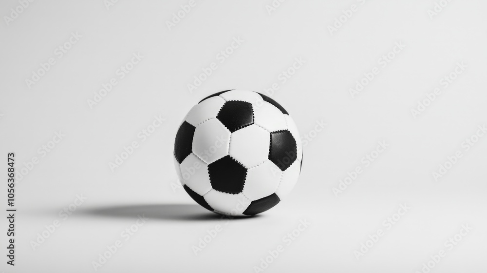 Clean white background featuring a classic black and white soccer ball, showcasing its iconic and traditional design Clean white background featuring a classic black and white soccer ball, showcasing its iconic and traditional design