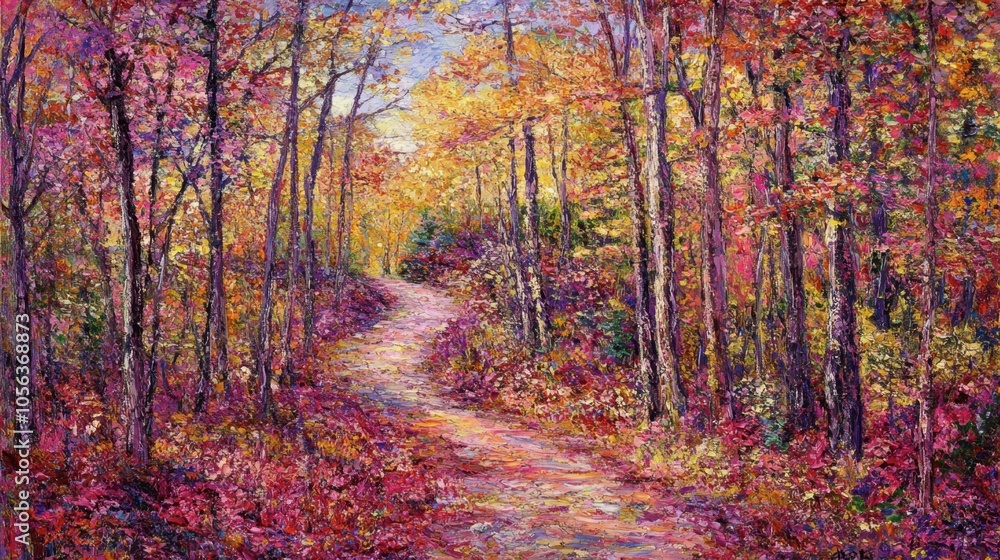 Fototapeta premium Vibrant Autumn Pathway through Colorful Forest