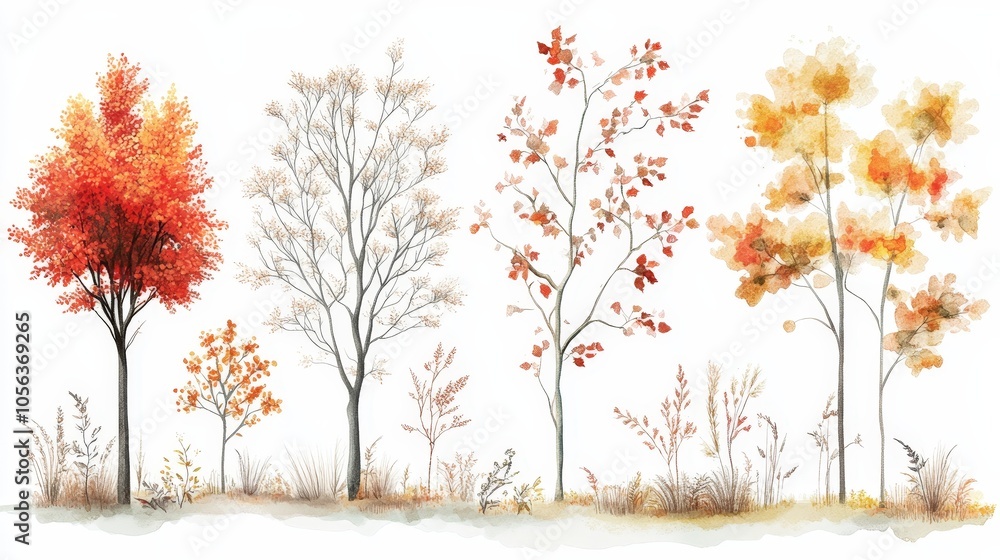 Clean white background with serene autumn tree and plant illustrations, capturing the calm and tranquility of the season Clean white background with serene autumn tree and plant illustrations, capturing the calm and tranquility of the season