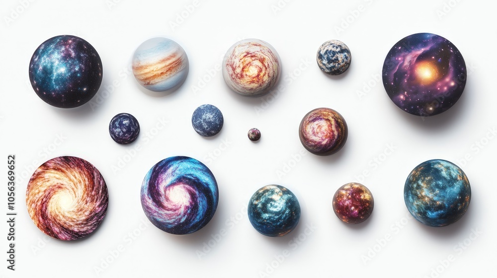 Clean white canvas displaying a collection of 3D galaxy PNG cut-out elements, highlighting the vivid colors and detailed structures of the galaxy Clean white canvas displaying a collection of 3D galaxy PNG cut-out elements, highlighting the vivid colors and detailed structures of the galaxy