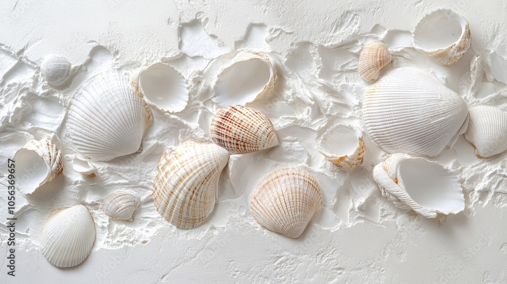 Clean white canvas displaying a collection of beach seashells and clams, showcasing their unique shapes and details in a fresh, natural setting Clean white canvas displaying a collection of beach seashells and clams, showcasing their unique shapes and details in a fresh, natural setting