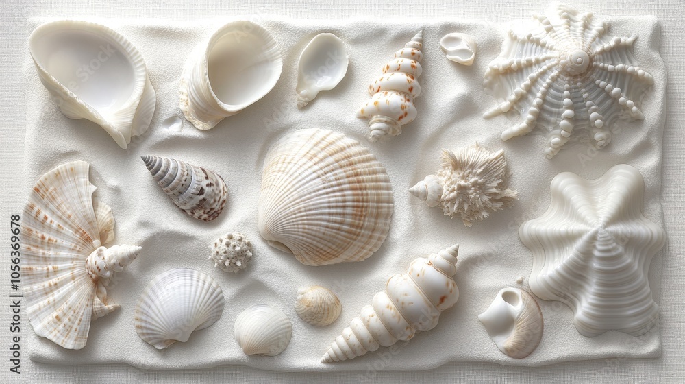Clean white canvas displaying a collection of beach seashells and clams, showcasing their unique shapes and details in a fresh, natural setting Clean white canvas displaying a collection of beach seashells and clams, showcasing their unique shapes and details in a fresh, natural setting