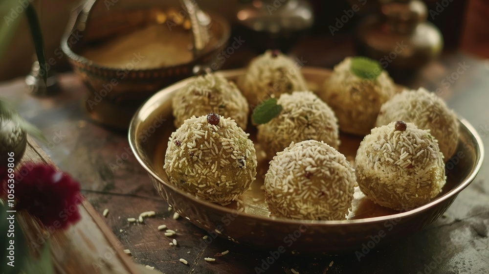 Close-up of Sweet Rice Balls in a Golden Bowl Close-up of Sweet Rice Balls in a Golden Bowl