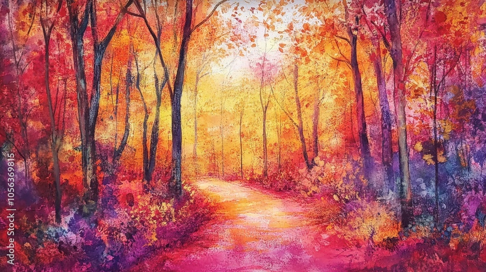 Vibrant Autumn Forest Pathway in Sunshine Vibrant Autumn Forest Pathway in Sunshine
