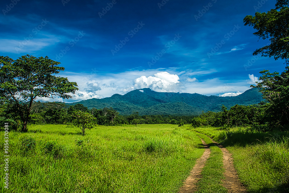 Fototapeta premium Scenic Country Road Through Lush Green Forest Under Clear Blue Sky - Tranquil Nature Landscape