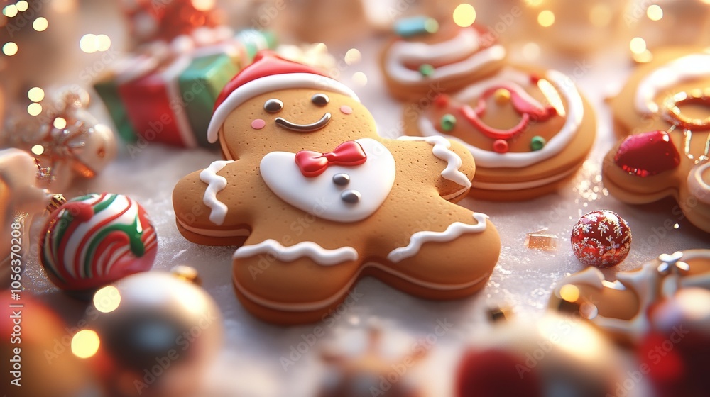 Clean white canvas displaying a playful cartoon gingerbread dessert with holiday-themed decorations and a big smile for Christmas Clean white canvas displaying a playful cartoon gingerbread dessert with holiday-themed decorations and a big smile for Christmas
