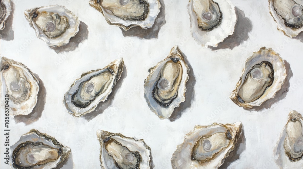 Clean white canvas displaying a variety of oysters, emphasizing their freshness and the distinct features of the seafood invertebrates