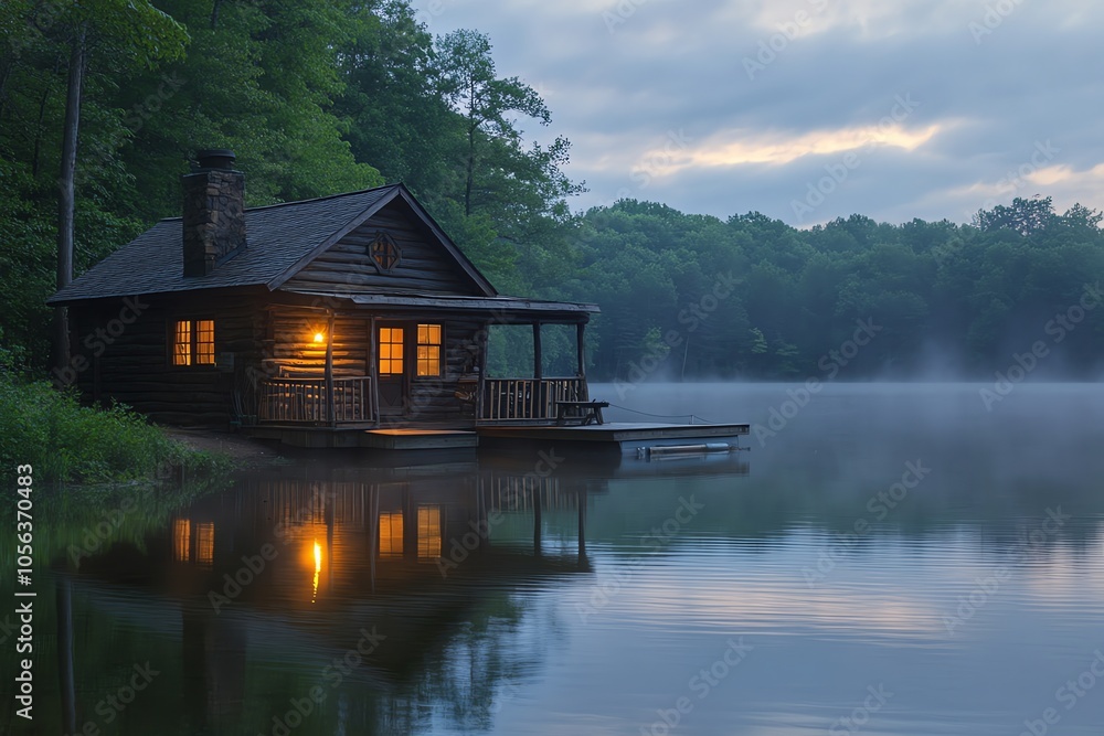 Obraz premium A cozy cabin sits on the edge of a misty lake at dusk. The cabin has a porch, a dock, and a light on inside. The lake is calm and the sky is cloudy.