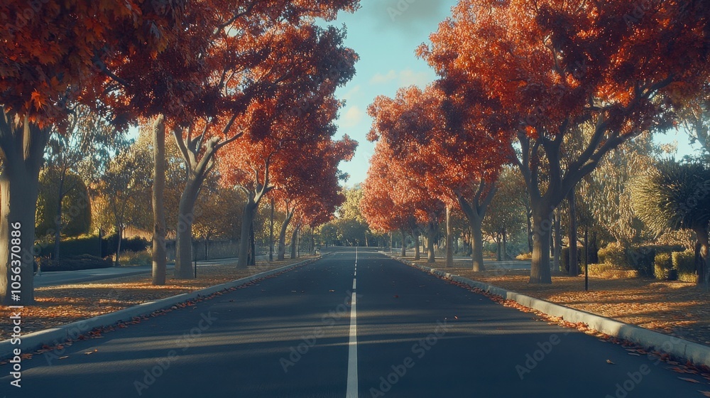 Obraz premium Autumn Street with Colorful Trees and Clear Sky