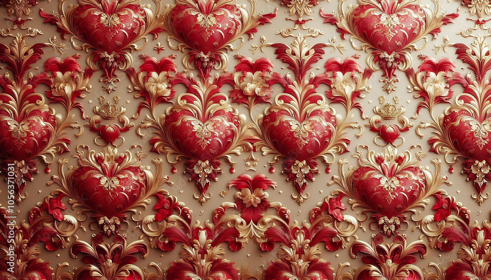 Red Damask hearts wall on black background. Generative AI. Red Damask hearts wall on black background. Generative AI.
