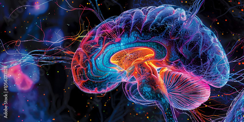 Detailed Digital Illustration of Human Brain with Neural Pathways, Abstract Science Visualization of Brain Structure