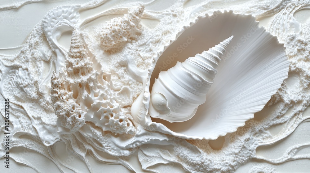 Clean white canvas featuring a conch shell and clam, capturing their intricate patterns and the marine elegance of these invertebrates Clean white canvas featuring a conch shell and clam, capturing their intricate patterns and the marine elegance of these invertebrates