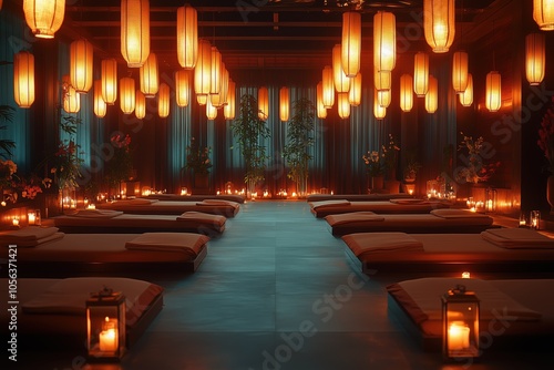 Tranquil Thai Massage Room: Soft Candlelight and Lanterns Illuminate Comfortable Mats for Relaxation.