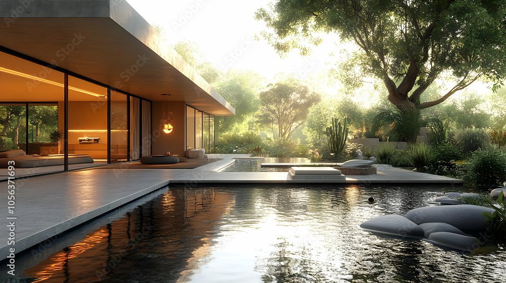 Modern Home with a Pool and Pond - 3D Illustration Modern Home with a Pool and Pond - 3D Illustration