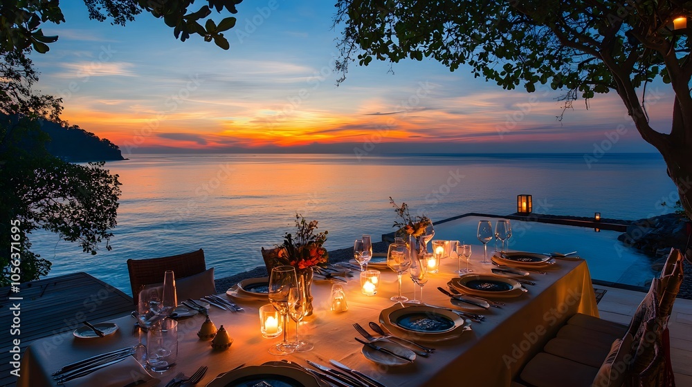Fototapeta premium Serene Dinner Setting by the Sea at Sunset