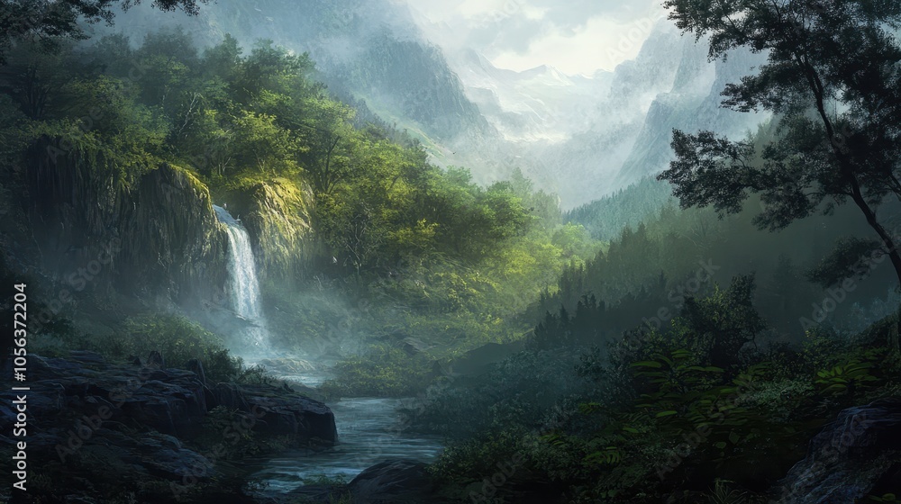 Tranquil Waterfall in a Misty Mountain Valley Tranquil Waterfall in a Misty Mountain Valley
