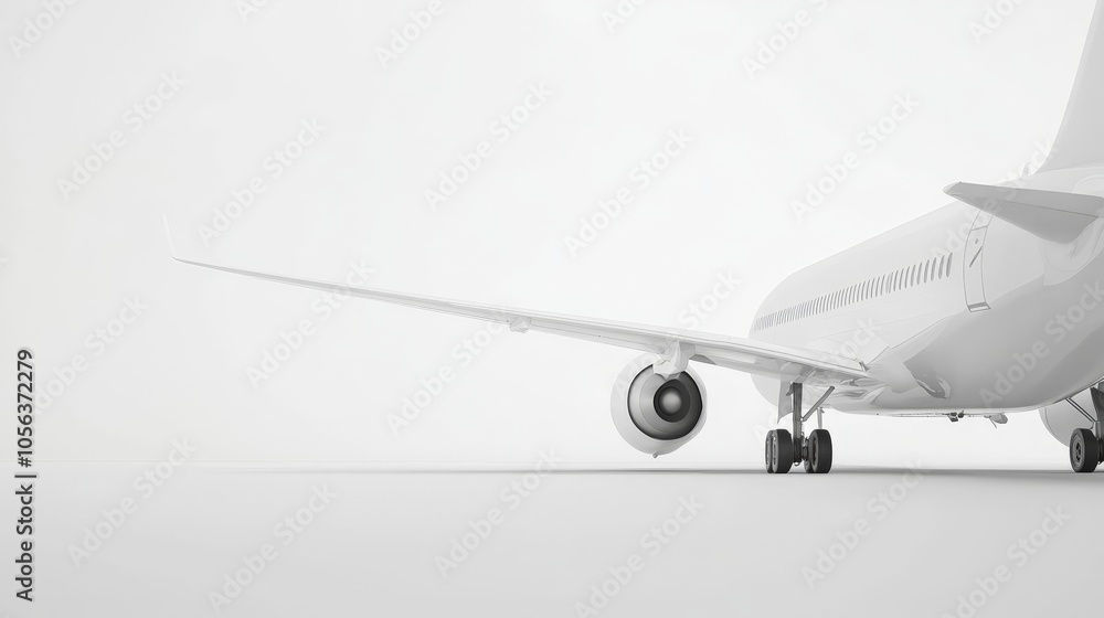 Clean white canvas highlighting a contemporary jetliner landing, with focus on the sleek design and precision of the aircraft's approach and landing gear deployment Clean white canvas highlighting a contemporary jetliner landing, with focus on the sleek design and precision of the aircraft's approach and landing gear deployment