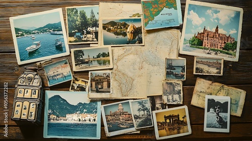 Vintage Travel Postcards and Map Arrangement