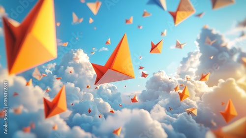 Colorful Paper Airplanes Flying in the Sky with Clouds