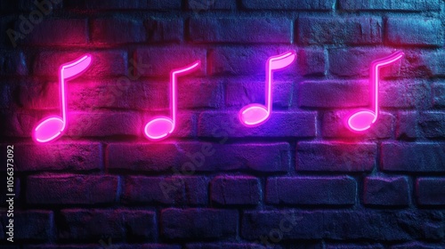 Neon Music Notes on Brick Wall