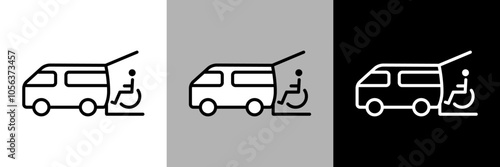 福祉車両と車椅子のイラスト。シンプルな線画のベクターアイコン。