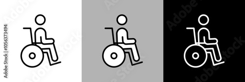 車椅子に乗っている人のイラスト。シンプルな線画のベクターアイコン。