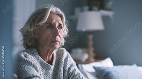 Depressed mature woman sitting in bedroom