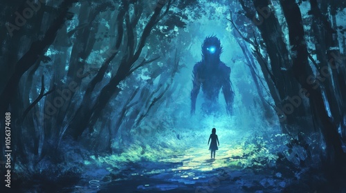 A Lone Figure Approaches a Glowing Monster in a Dark Forest