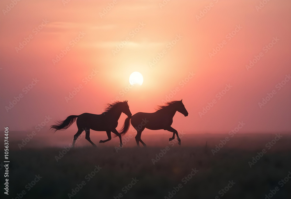 Majestic horses running in silhouette against vibrant sunset, creating serene and captivating scene. warm colors of sky enhance beauty of nature Majestic horses running in silhouette against vibrant sunset, creating serene and captivating scene. warm colors of sky enhance beauty of nature