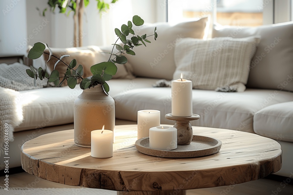 Scandinavian Minimalist Living Room with Beige Wooden Coffee Table and Eucalyptus Decor Cozy Apartment Style Scandinavian Minimalist Living Room with Beige Wooden Coffee Table and Eucalyptus Decor Cozy Apartment Style