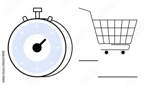 Stopwatch next to shopping cart. Ideal for time management efficiency retail speed e-commerce and modern shopping experiences. Elements in simple colours and lines convey a quick and streamlined