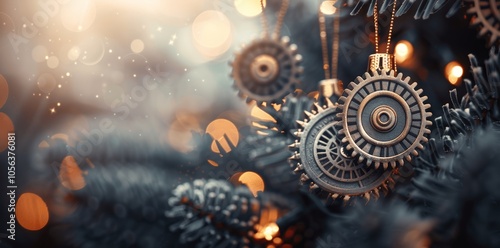 Gear Shaped Christmas Tree Ornaments on Abstract Bokeh Background for Engineering and Maintenance Theme photo