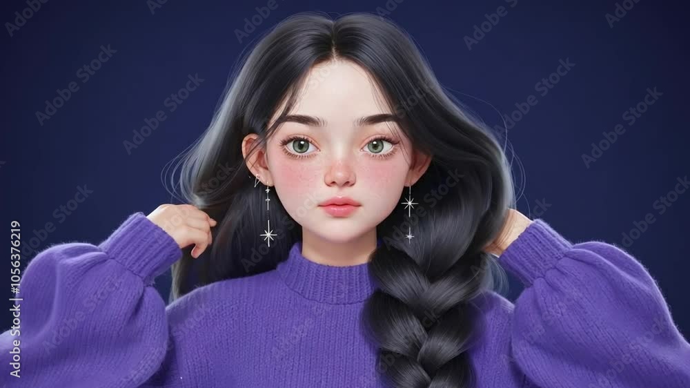 A young woman with dark hair, blue highlights, and green eyes looks relaxed in a soft purple sweater with stars, creating a feeling of calm and melancholy. A young woman with dark hair, blue highlights, and green eyes looks relaxed in a soft purple sweater with stars, creating a feeling of calm and melancholy.