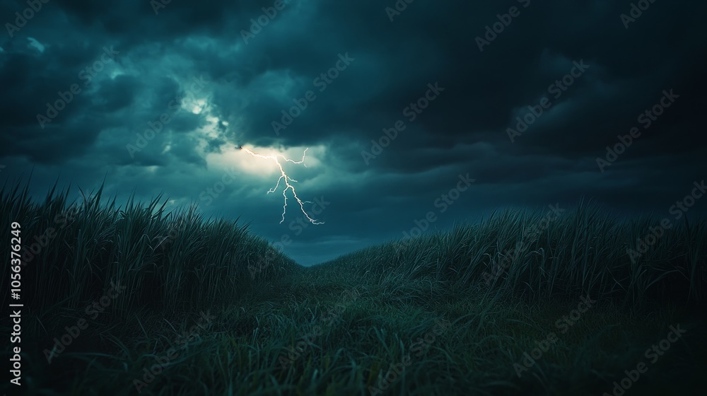 Dark stormy sky with lightning over a field of tall grass generative ai Dark stormy sky with lightning over a field of tall grass generative ai