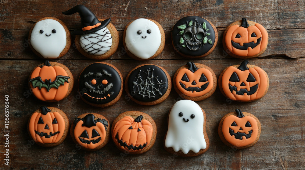 Obraz premium Pumpkin cookies on wooden boards, Halloween concept