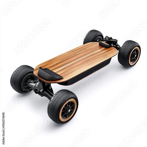 A wooden skateboard with black wheels and a black handlebar photo