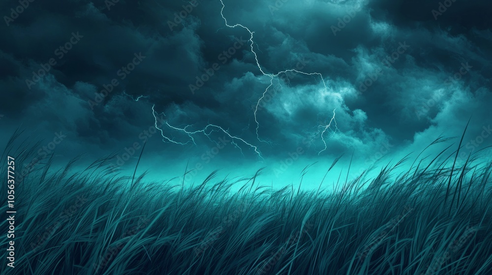 Dark stormy sky with lightning over a field of tall grass generative ai Dark stormy sky with lightning over a field of tall grass generative ai