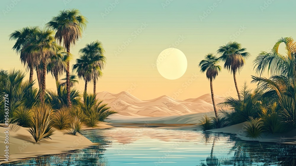 Fototapeta premium Palm Trees and a Tranquil Oasis in the Desert