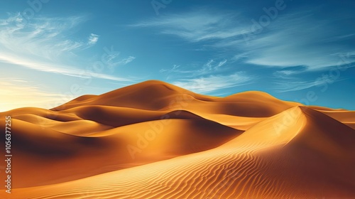 Golden Sand Dunes Under a Blue Sky with White Cirrus Clouds