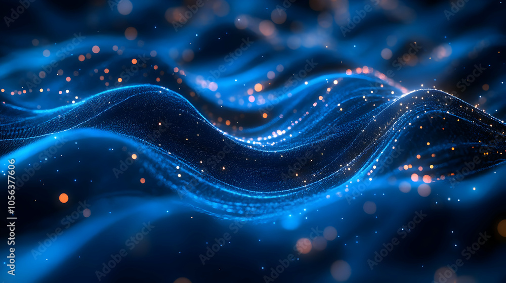Fototapeta premium Abstract 3D Blue Wave Background with Glowing Particles